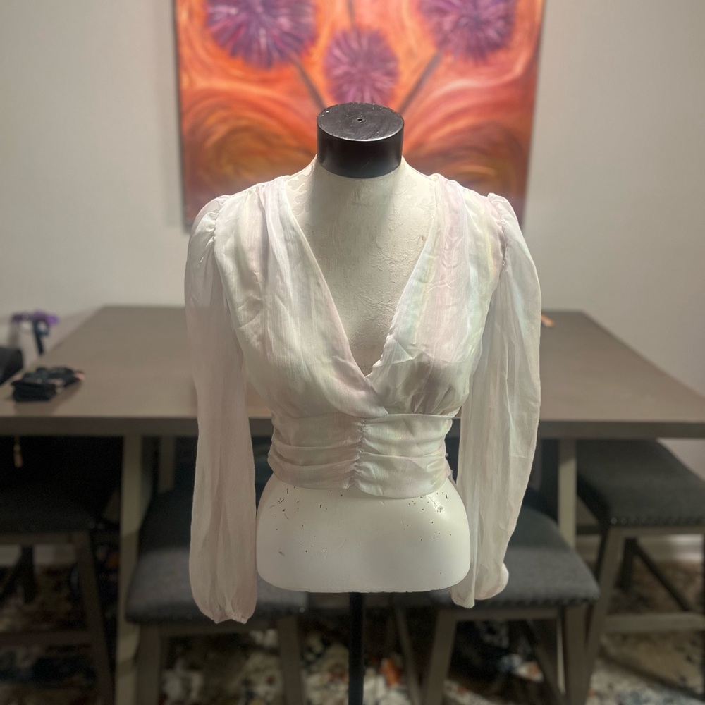 Forever 21 White Sheer Wrap Blouse with Ruched Details.